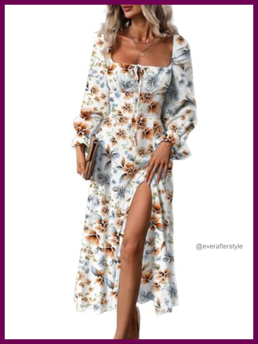 Womens Square Neck Long Sleeve Boho Floral Midi Dress Side Split